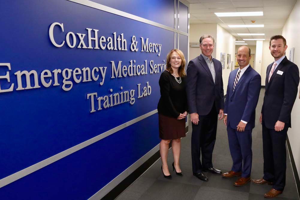 OTC Provost Tracy McGrady, left, joins Mercy’s Jon Swope, CoxHealth’s Steve Edwards and OTC Foundation board Chairman Curtis Jared to dedicate the newly formed partnership.